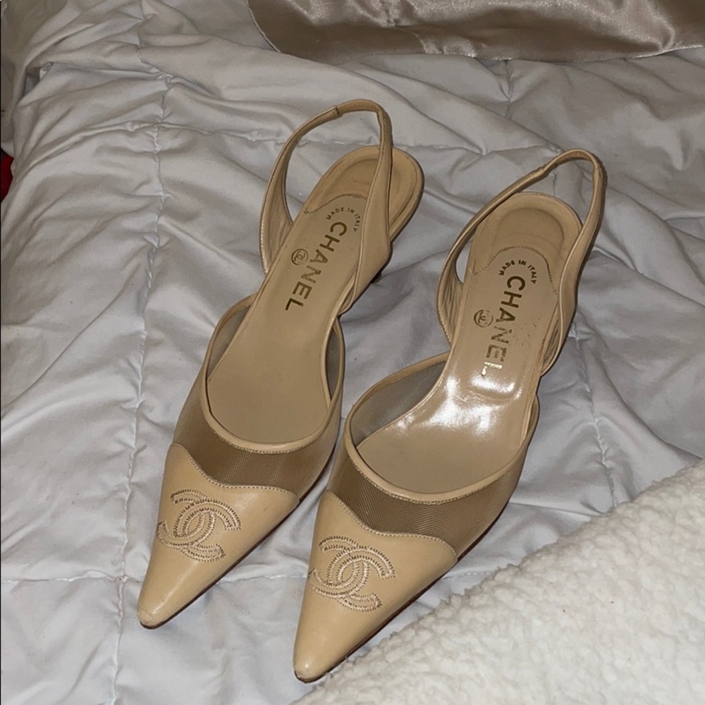 Chanel sling back nude mesh heels!